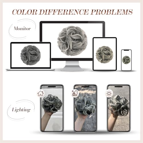 FESHFEN Large Messy Bun Hair Piece - Wavy Synthetic Chignon Scrunchies Elastic Ponytail Hair Extensions Thick Hairpieces for Women, Black Gray and White Tips 1.94oz