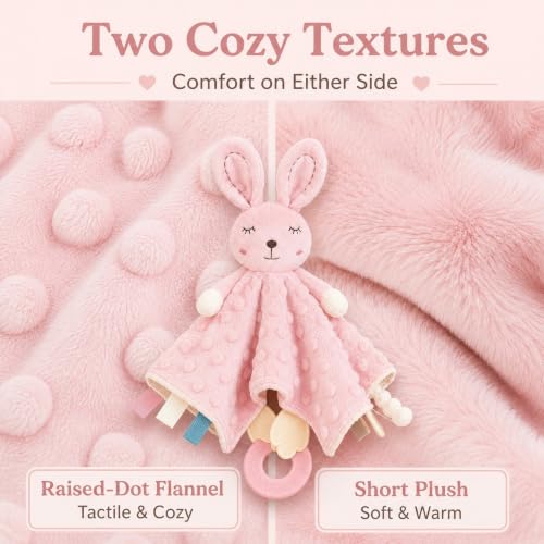 ZIGJOY Pink Bunny Security Blanket for Baby Girls - 4-in-1 Sensory Lovey