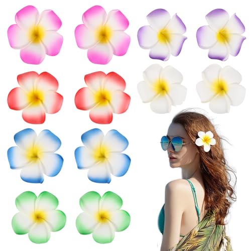 12-Pack Hawaiian Flower Hair Clips for Women, 3.7 Inch Plumeria Hair Accessories