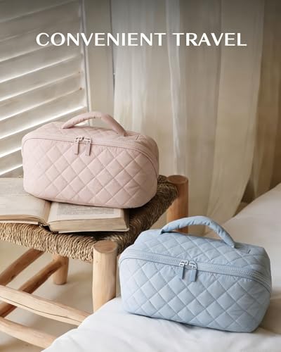 MINGRI Blue Quilted Makeup Bag Set - 180° Lay-Flat Design, 7 Compartments