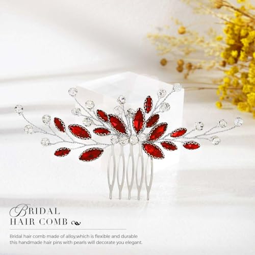 Unicra Red Bridal Crystal Hair Comb Wedding Hair Accessory for Women - Sparkly Rhinestone Headpiece - Handmade