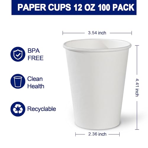 Clawsoff 12 oz Disposable Paper Cups - 100 Count, Leak-Proof, BPA-Free