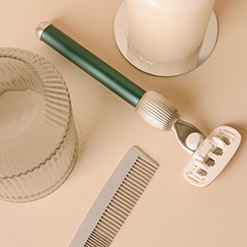 Fler The Razor Shave Set - 5 Blade Metal Razor for Women with Wall Holder, 6 Refill Cartridges & Protective Travel Case, Unisex Shaver with Aloe Vera, Vitamin E & Jojoba Oil - Pine (Green)