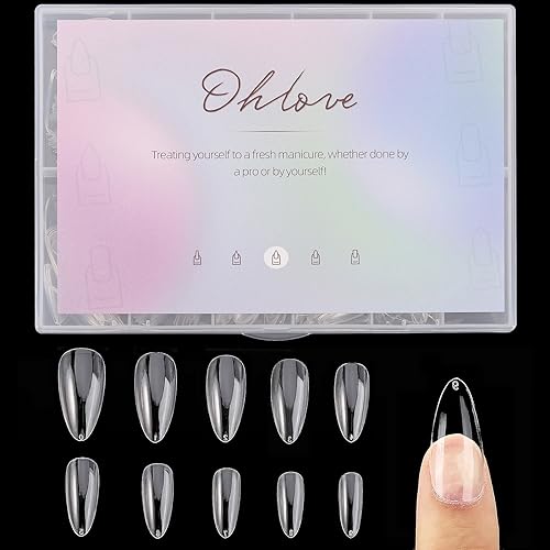 Ohlove 500Pcs Almond Clear Full Cover Nail Tips (10 Sizes) - A-Almond-Clear fake nails
