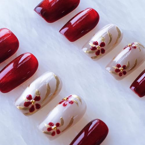 GLORS Red Floral Embroidery Cat Eye Press-On Nails NY_RedFloral Large Set