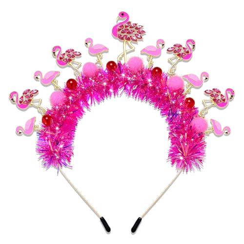 Flamingo Headband with Rhinestones, Tinsel & Pom-Poms for Parties
