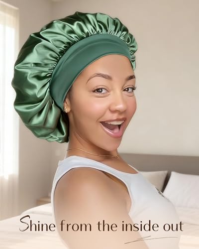 YANIBEST Green Satin Hair Bonnet for Sleeping - Double Layer, Elastic Band