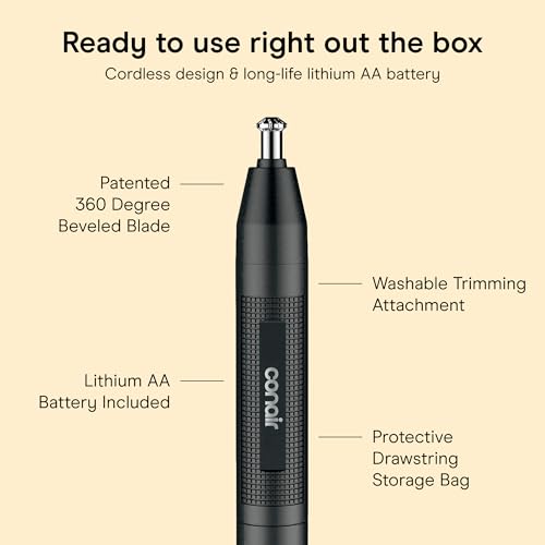 ConairMAN 360¡Æ Bevel Blade Ear and Nose Trimmer | Patented 360¡Æ beveled blade trims ear, nose, and brows with no pulling, Black/Silver, Model PG1000L5