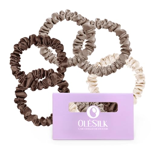 OLESILK 100% Mulberry Silk Hair Ties Scrunchies, Brown-Coffee-Coco, 5 Pack