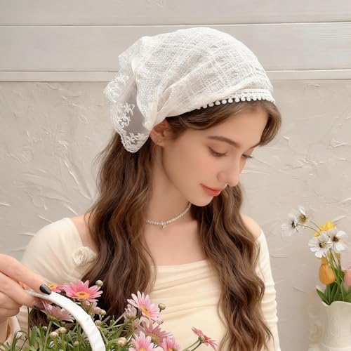 3 Pcs Lace Triangle Headscarf Set - White, Blue & Black Hair Accessories