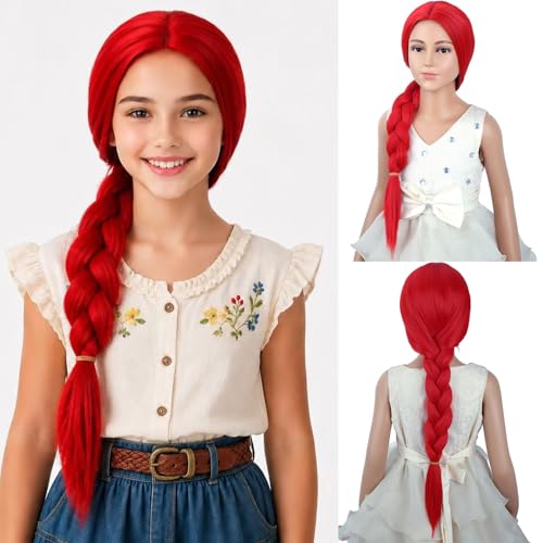 WTHCOS Red Kids Long Braid Costume Wig Heat-Resistant Synthetic Cosplay Hair