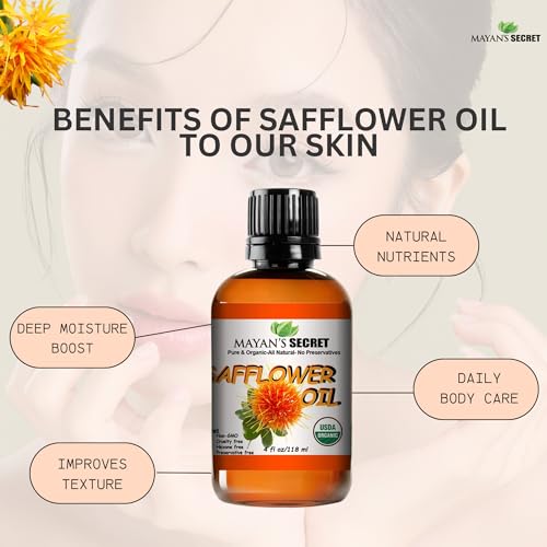 Organic Safflower Oil for Skin & Hair - High Oleic, Cold-Pressed, 100% Pure, Non-GMO, Vitamin E Rich, 4 oz