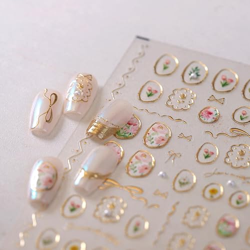 5D Floral Nail Art Stickers with Gold Frames - Self-Adhesive Decals