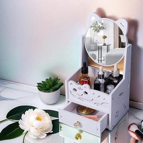 BEAULOOK Rotating Makeup Organizer with Mirror and Drawer, Compact Vanity Case