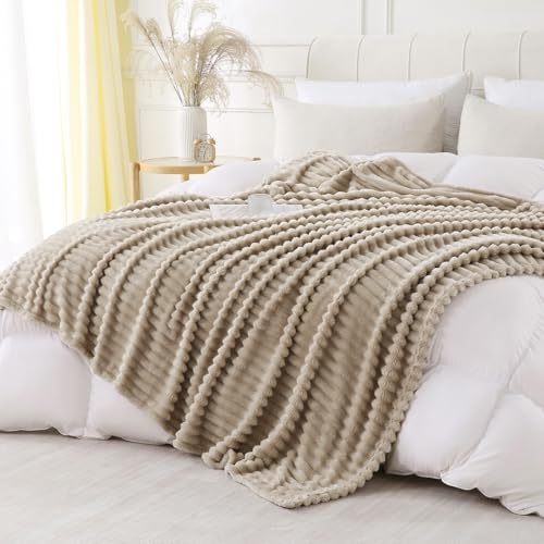 Khaki Striped Throw Blanket - Soft Plush Fleece 50x60 Inches