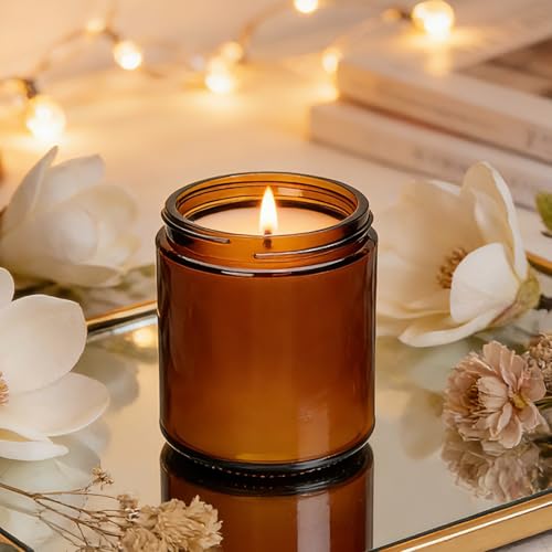 Encheng 8 oz Amber Glass Candle Jars with Black Metal Lids - 12 Pack