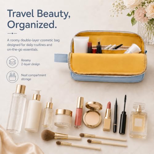 KUOSHI Blue Travel Makeup Bag with Open Flat Design & Waterproof Material