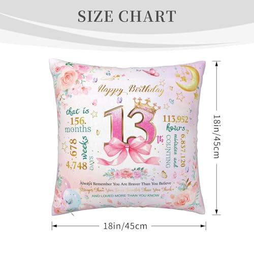 13th Birthday Pillow Cover for Girls - Cute Pink Design, 18x18