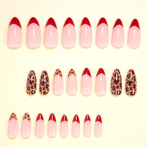 MABKJLF Style11 Medium Almond Press-On Nails with Red French Tip & Leopard Print - 24Pcs