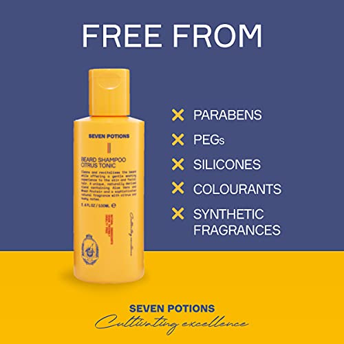 SEVEN POTIONS Beard Shampoo for Men, Natural Citrus Tonic Wash, 3.4 Fl Oz
