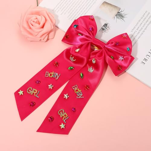 NVENF Birthday Girl Hair Bow - Large Pink Satin Bow with Crystals & Pearls