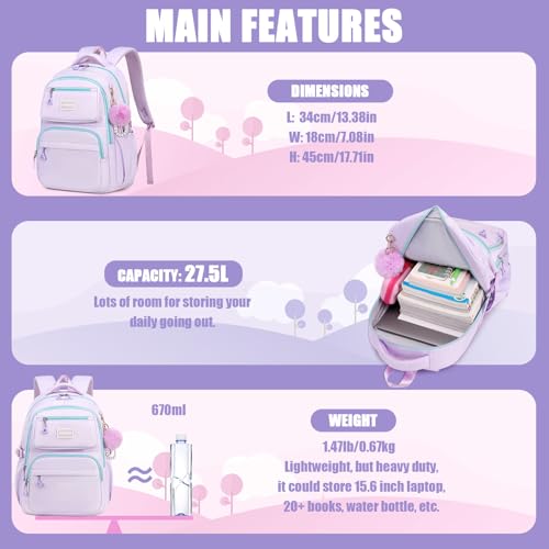 Cute Girls Backpack for Ages 6-12 with Pom Pom Keychain