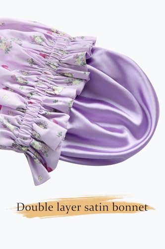 Vettres Purple-Rabbit Satin Sleep Bonnet with Scrunchie Set for Hair Protection