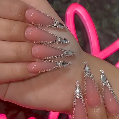 MISUD Long Stiletto Press-On Nails Nude with Bling Glitter 24 pcs - Model 05006-01Nude