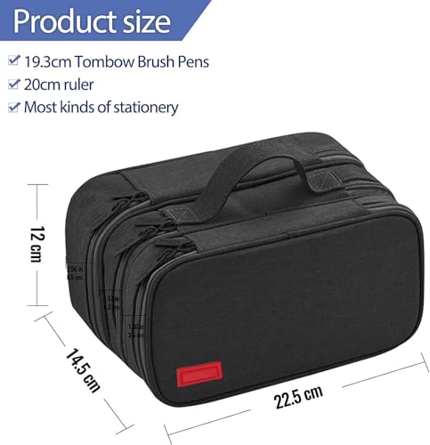 Large Capacity Canvas Pencil Case with 3 Compartments - Black