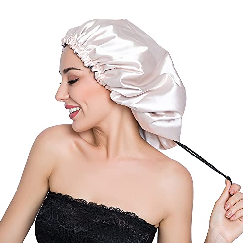 X-Large Silky Sleep Cap for Frizzy Hair - Adjustable Satin Bonnet, Reversible Champagne/Grey
