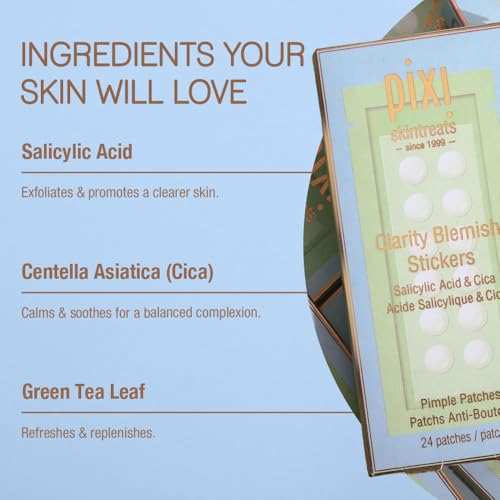 Pixi Clarity Blemish Stickers | Salicylic Acid Pimple Patches for All Skin Types | Gentle Translucent Spot Treatment | 24 Count
