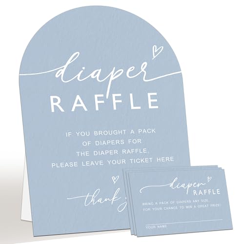 50 Diaper Raffle Tickets & Stand for Baby Shower Games - Blue