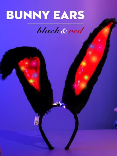 Aceorna Light Up Bunny Ears Headband - Black/Red LED Glow Hair Hoop for Women