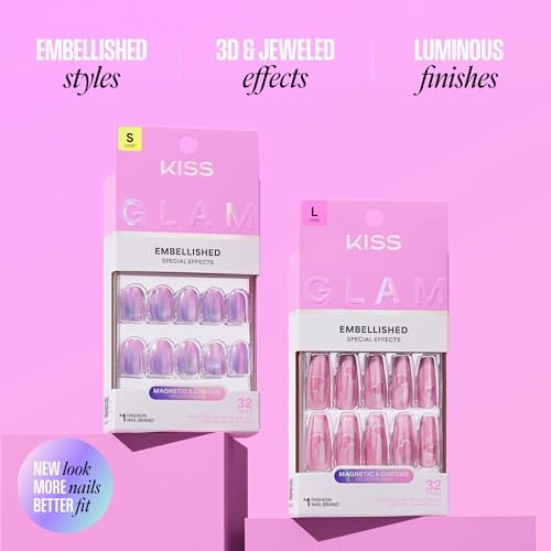 KISS Glam Press On Nails - Glow Forever, Almond Shape, Blue, 32 Nails & Glue Included