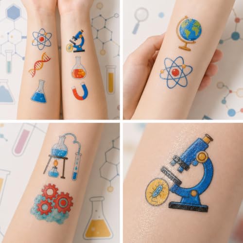 Science Temporary Tattoos for Kids - 96PCS Educational Fun Stickers - Pre-Cut & Waterproof