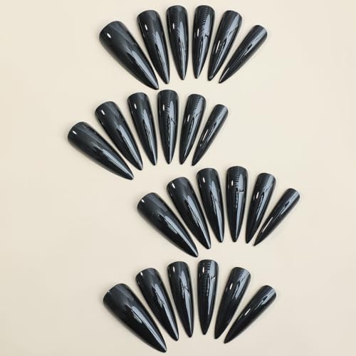 QQPPOLIU Long Stiletto Black Press-On Nails - 24 Pack, Glossy Fake Nails for Manicure