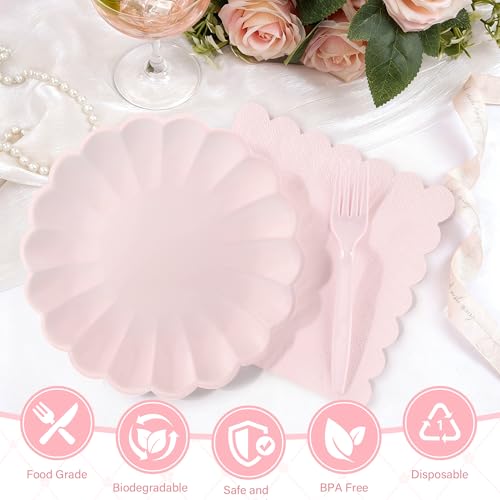 75 Pcs Pink Paper Plates & Napkins Set for 25 Guests - Scalloped Design