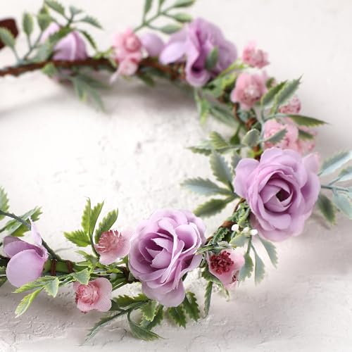 Purple Rose Flower Crown Headband - Adjustable Floral Headpiece for Women