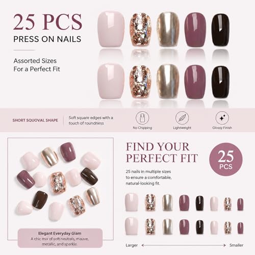 COOLYOUNG 25PC Short Glitter Fake Nails Reusable Soft Gel Acrylic Mix - Fit All / Sweet Edgy Glitter