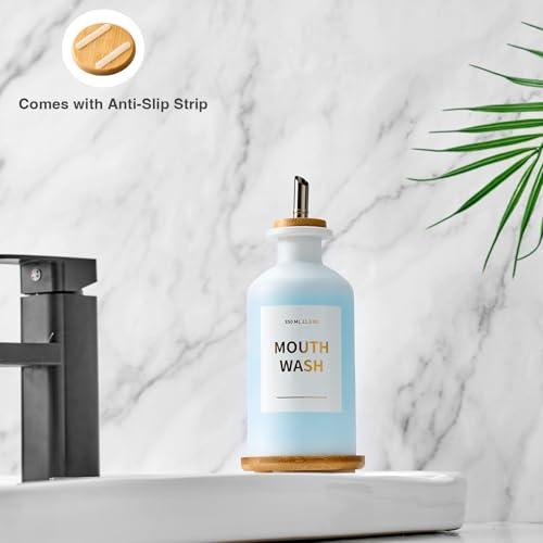 MUVEKA White Glass Mouthwash Dispenser Set - 11.8oz with Bamboo Tray