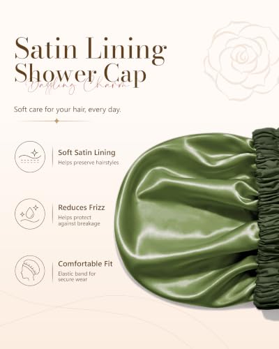 Edoneery Green Satin-Lined Waterproof Shower Cap for Women - Large Size, Reusable & Stylish