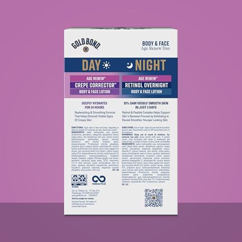 Gold Bond Age Renew Day & Night Duo Lotion Set for Body & Face, Crepe Corrector & Retinol Overnight Lotion Visibly Firms Skin & Visibly Smooths Skin, 8.6 oz
