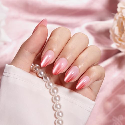 VSALON Short Almond Press On Nails Kit - Pink Cat Eye Ombre, 32 Pcs
