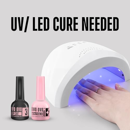 NOVO OVO French Tip Solution Kit – UV Nail Glue Builder Gel Top Coat Bundle (10 ml each) – Includes One Multi-Function Pink Bottle Gel