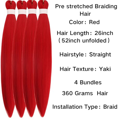 Leticia Bright Red Pre-Stretched Curly Braiding Hair 26 Inch Pack of 5 for Boho Styles