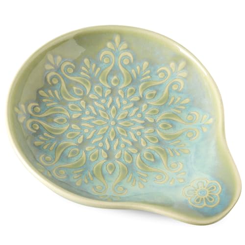 Farmhouse Ceramic Spoon Rest Holder for Kitchen Countertop - Green