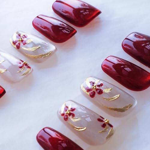 GLORS Red Floral Embroidery Cat Eye Press-On Nails NY_RedFloral Large Set