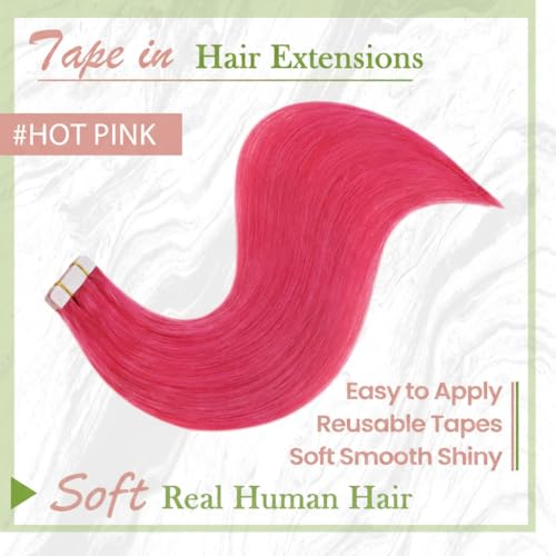 RUNATURE Hot Pink Tape-In Hair Extensions, 12-Inch Remy Human Hair, 10pcs