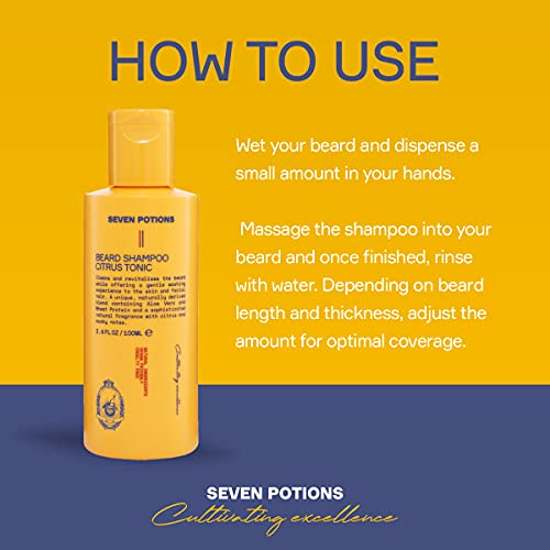 SEVEN POTIONS Beard Shampoo for Men, Natural Citrus Tonic Wash, 3.4 Fl Oz