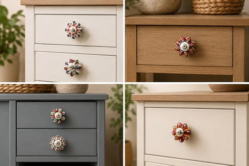 Set of 10 Vintage Ceramic Cabinet Knobs with Chrome Hardware